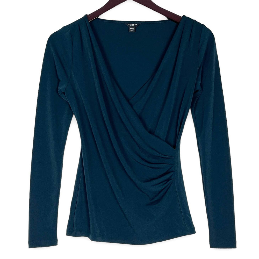 Ann Taylor Surplice Long Sleeve Top Stretchy XXSP XXS Petite Forest Green